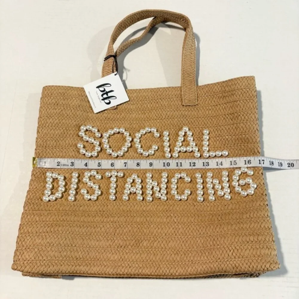 NWT Beyond the Beach Social Distancing Straw Tote Pearl Embellished Bag